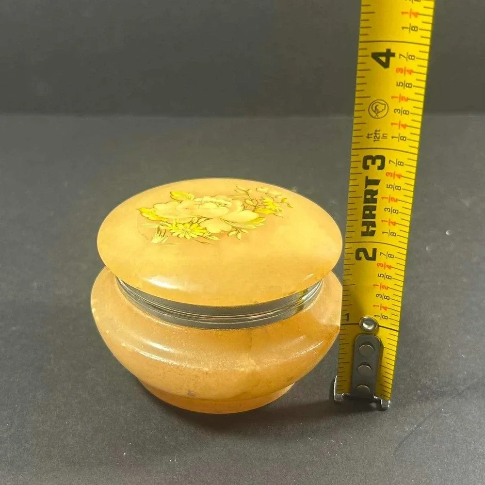 Genuine Alabaster Trinket Box Orange Hand Painted Floral Italy Vintage